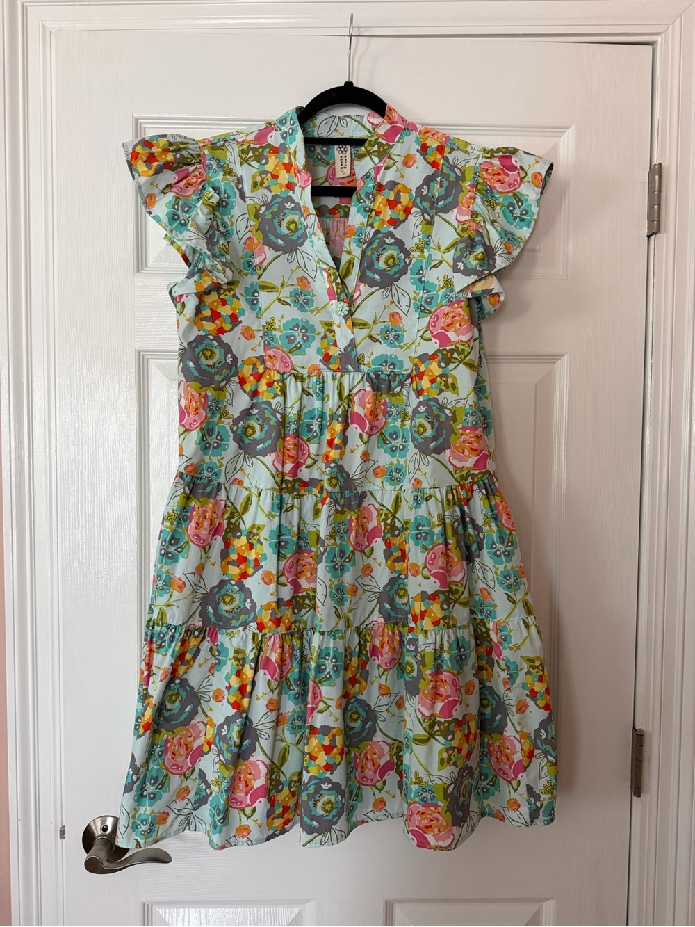 Uncle Frank Poplin Light Blue Floral Tiered Dress with Flutter Sleeve S